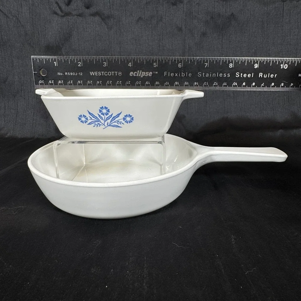 Vintage Corning Ware Blue Cornflower P-41 Petite Pan and White Skillet Set